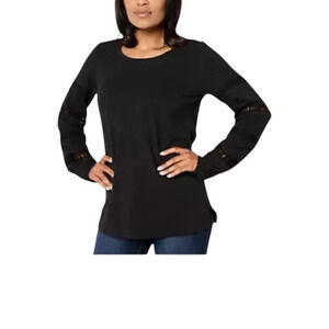 Belle Boho by Kim Gravel Women's Slub Top w/ Lace Trim Slv Black - Regular